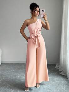 Elenzga Bộ jumpsuit ống rộng màu trơn thanh lịch, thắt eo, phù hợp cho người đi làm. - Hồng - Xem 4
