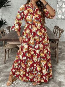 SHEIN LUNE Đầm maxi 4 lớp kiểu búp bê họa tiết hoa phong cách Boho cỡ lớn, thích hợp mặc đi học, dự tiệc tốt nghiệp, dự đám cưới, đi nghỉ mát, đi biển, dự lễ hội, đầm sinh nhật cho nữ. - Đỏ - Xem 5