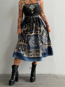 SHEIN Whyspr 大码复古波西米亚印花连衣裙，深色系 - 彩色 - 查看 4