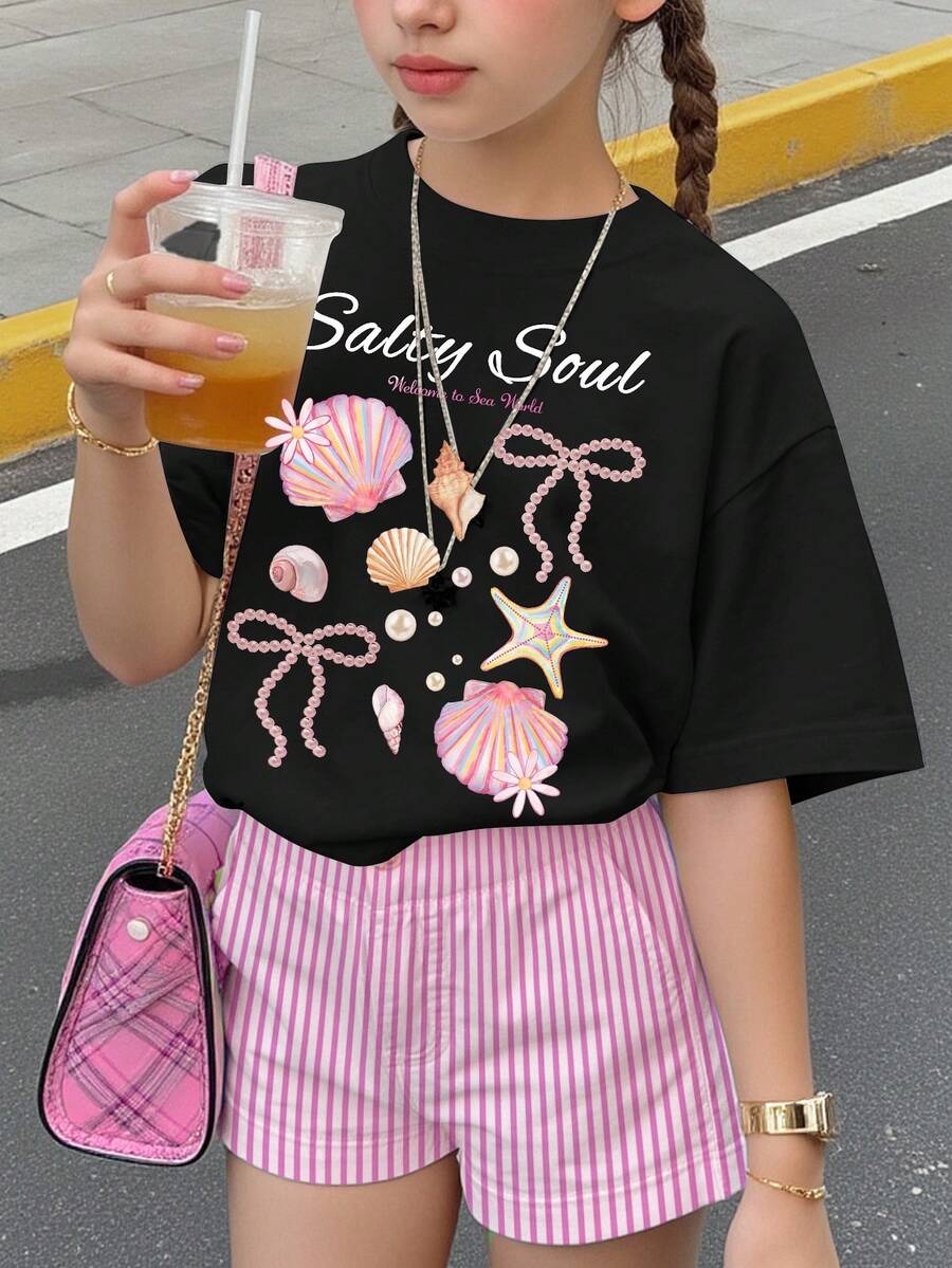 黑色 Salty Soul 甜美海星貝殼珍珠蝴蝶結圖案 T-shirt,青少年女孩休閒極簡短袖圓領上衣,適合春夏季日常、街頭、外出、居家、度假、返校、海灘穿搭 - 彩色 - 查看 1