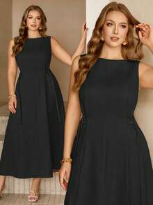 Roveilla Plus Size Women's Solid Color Boat Neck Sleeveless Maxi Dress With Waist Belt, Elegant French Retro Style For Office Evening Formal, Business, Casual, Beach, Party, , Spring/Summer Sleeveless Dress Elegant Plus Size Dress Black Curve Dresses Plain Plus Size Dresses Zanea Dress For Woman Ladies Dresses Zanzea Dress For Women Plus Size - Black - View 1