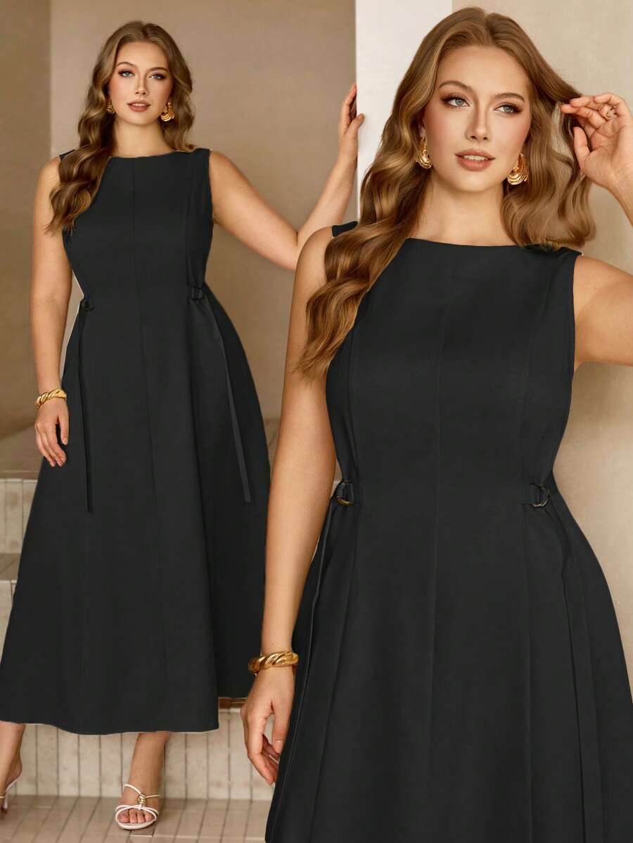 Roveilla Plus Size Women's Solid Color Boat Neck Sleeveless Maxi Dress With Waist Belt, Elegant French Retro Style For Office Evening Formal, Business, Casual, Beach, Party, , Spring/Summer Sleeveless Dress Elegant Plus Size Dress Black Curve Dresses Plain Plus Size Dresses Zanea Dress For Woman Ladies Dresses Zanzea Dress For Women Plus Size - Black - View 1