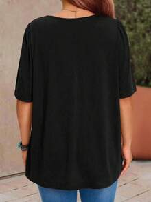 EMERY ROSE Plus Size Casual Solid Color Short Sleeve T-Shirt, Summer - Black - View 2