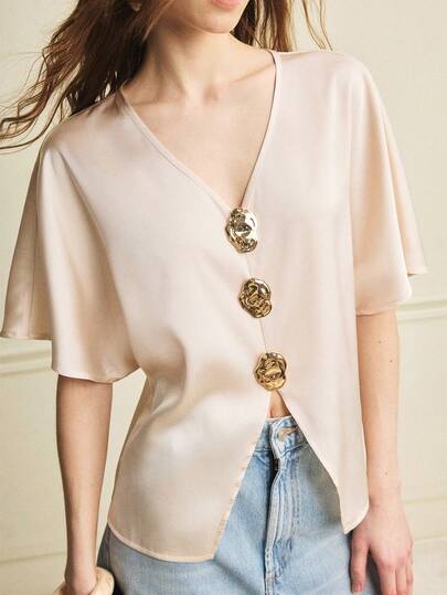 Écloséra Women's Elegant Metal Decor Batwing Sleeve Blouse, Summer
