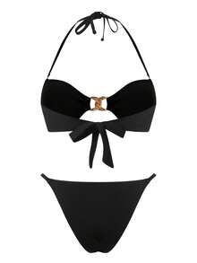 Bonvoyette Bộ bikini 3 mảnh màu đen lưới gợi cảm dành cho nữ, chất liệu vải xuyên thấu tạo nên vẻ đẹp thanh thoát, điểm nhấn khóa kim loại thêm phần quyến rũ bí ẩn, kiểu dáng yếm cổ. - màu đen - Xem 6