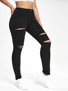 Jeanoix Plus Size Solid Color Distressed Skinny Jeans - Black - View 4
