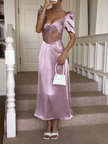 DAZY Lace & Satin V-Neck Waist Cinched Midi Dress With Puff Sleeves, Suitable For Banquet, Holiday, Easter Party, Summer Sun Dresses For Women - Mauve Purple - View 5