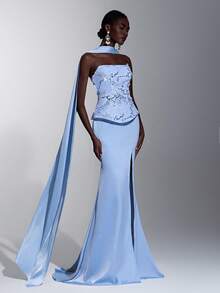 Elitara Elegante vestido azul de lujo con silueta de sirena, bordado 3D romántico con encaje y satén, con abertura alta (incluye cuello halter desmontable), adecuado para bodas, fiestas, galas, vacaciones - Azul - Ver 7