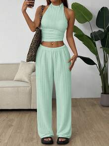 SHEIN EZwear 女士薄荷绿纹理面料露背吊带上衣和裤子套装，夏季海滩度假风 - 薄荷綠 - 查看 6