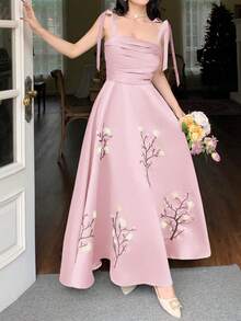 Feyla 女士无袖褶皱印花优雅连衣裙 - 淺粉色 - 查看 3