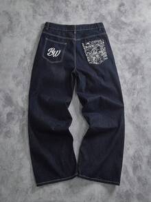 Manfinity ZONE917 男士时尚口袋印花宽松牛仔裤 - 深色水洗藍 - 查看 1