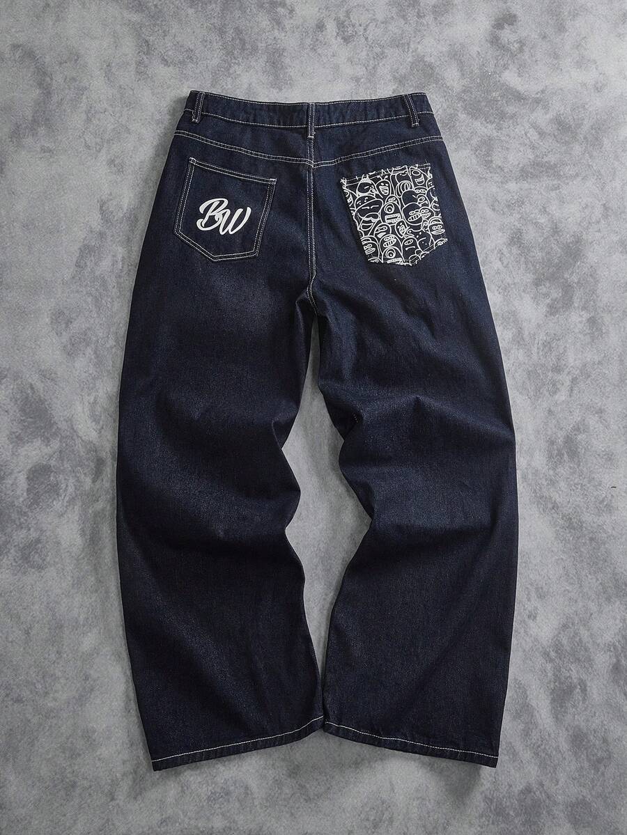 Manfinity ZONE917 男士时尚口袋印花宽松牛仔裤 - 深色水洗藍 - 查看 1