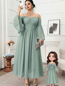 Modelyn Đầm cỡ lớn thanh lịch màu trơn trễ vai tay xòe - màu xanh lá - Xem 1