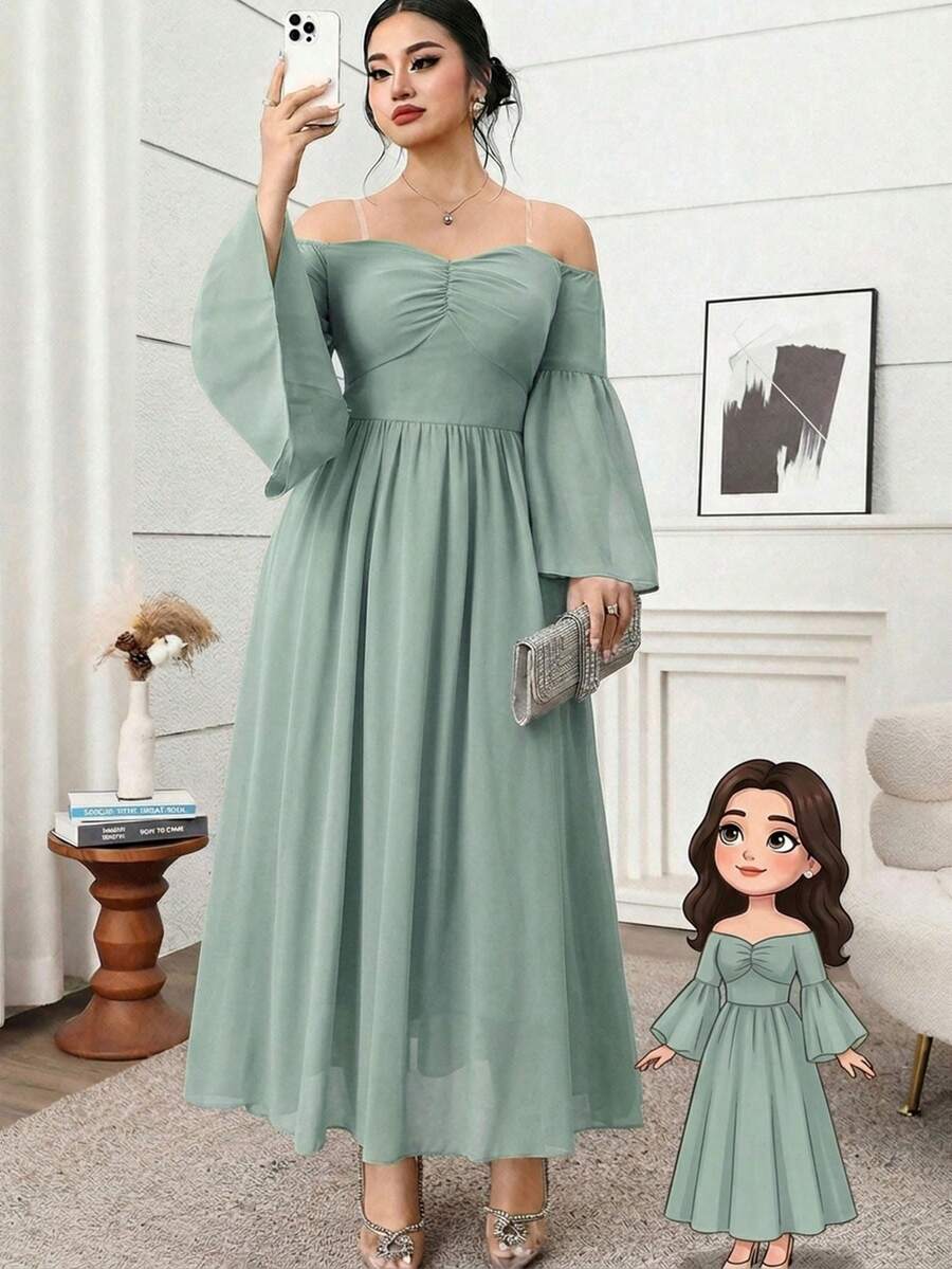 Modelyn Đầm cỡ lớn thanh lịch màu trơn trễ vai tay xòe - màu xanh lá - Xem 1