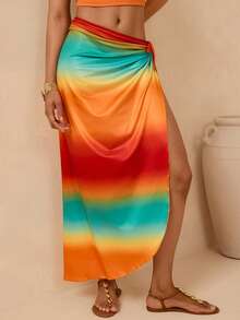 Vesra Women's Vacation Beach Ombre High Slit Skirt - Multicolor - View 4