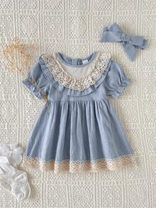 Playful Pals Baby Girls' Round Neck Lace Trim Princess Bubble Sleeve Waist Flare Hem Dress, Summer - Blue - View 5