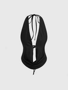 ROMWE Avant Women's Sexy Deep Draped Neck Tie-Up Top And Low-Waist Tight Flare Pants 2 Pieces Set, Spring/Summer - Black - View 5