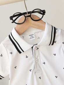 Souflis Souflis 海军蓝锚图案 Polo 连体衣，男婴白色短袖，绅士风格套装 - 藍白色 - 查看 5