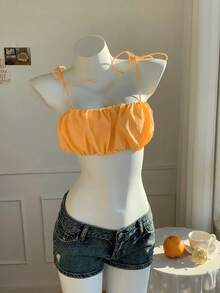 Comfortcana Women's Solid Color Minimalist Vacation Style Cropped Tank Top - Coral Orange - View 3