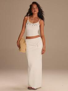 Athîral Women's Cream Minimalist Casual Sweater  Long  Skirt - White - View 3