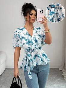 SHEIN Raffinéa Women's Fashion Printed V-Neck Ruffle Hem Cinched Waist Chiffon Blouse - Blue - View 5