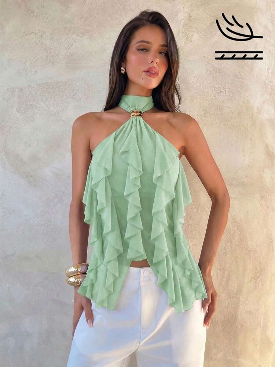 Aloruh Áo camisole nữ thanh lịch nhiều lớp, cổ đứng, viền bèo nhún, ôm sát. - Màu xanh Ô liu - Xem 1