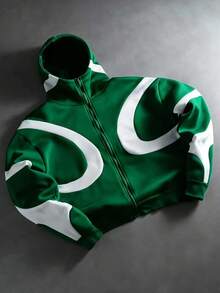 Manfinity Roghcode Men's Street Style Patchwork Zip-Up Hoodie,Streetwear,Friends,Matching,Baggy,For Men,Graphic,Japanese Style,Unisex,I Love My Girlfriend - Dark Green - View 3