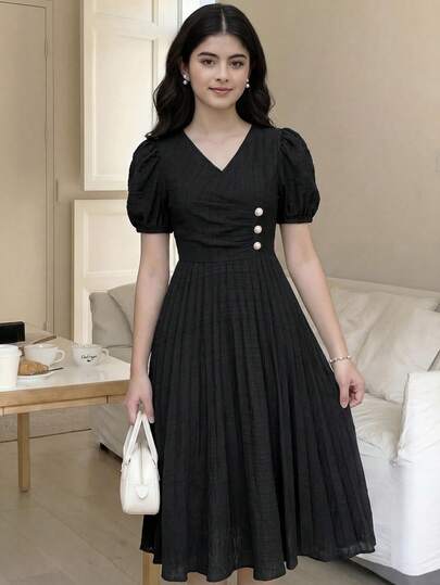 SHEIN Teen Girls Spring & Summer Dresses, New Year, Valentine's Day - Clean Girl/Elegant Pink Holiday Long Sleeve Pearl Button Decor A-Line Maxi Dress, Princess Dress, Wedding Season Vintage//Beach/Sea/Elegant Dress