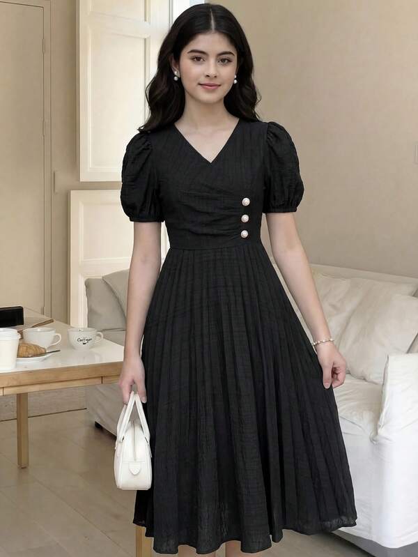 SHEIN Teen Girls Spring & Summer Dresses, New Year, Valentine's Day - Clean Girl/Elegant Pink Holiday Long Sleeve Pearl Button Decor A-Line Maxi Dress, Princess Dress, Wedding Season Vintage//Beach/Sea/Elegant Dress