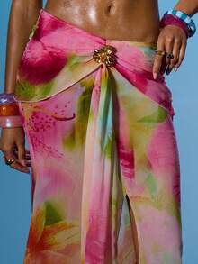 MUSERA Halterneck Tie Up Gold Trim Bralette With Dipped Ruched Draped Waist Maxi Skirt Coord Sold As Set Summer Sexy Going Out Beach Holiday Ibiza Club Tropical Fever - Multicolor - View 6