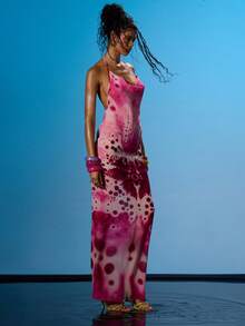 MUSERA Robe longue en mousseline de soie à dos ouvert, col halter, imprimé fleurs tropicales, bretelles, sexy, pour sortie, plage, vacances, Ibiza, club, fièvre tropicale - Multicolore - Voir 3