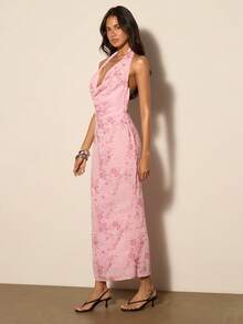 COSMINA Women's Sequin Beaded Halter Mermaid Dress, Chiffon Sequin Long Dress For Party, Wedding, Vacation, Date, Gathering, Y2K Style - Pink - View 5