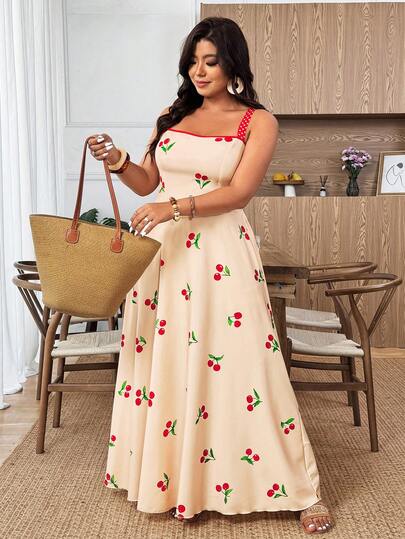 Weeklong Plus Size Women's Cherry Print Spaghetti Strap Dress, Casual Vacation Comfortable Outdoor Wear, Spring/Summer