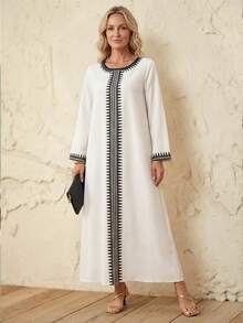 Faunlyn Women's Casual Striped Round Neck Long Sleeve Loose Dress, Suitable For Vacation Casual Long Dresses Vacation Outfits Women Long Sleeve Elegant Dress Chic Dress For Woman Motif Dresses For Women French Style Dress Summer Holiday Outfits   Elegant Dresses For Party - Apricot - View 6