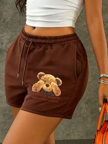 Rovax New Arrival Bestselling Bear Decor Drawstring Waist Slant Pocket Casual Shorts For Women - Brown - View 3