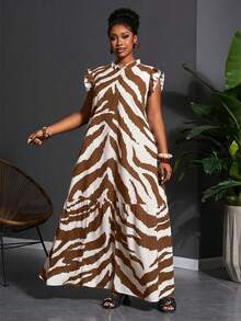 Veslaya Plus Size Casual Dress With All-Over Print - Brown - View 4