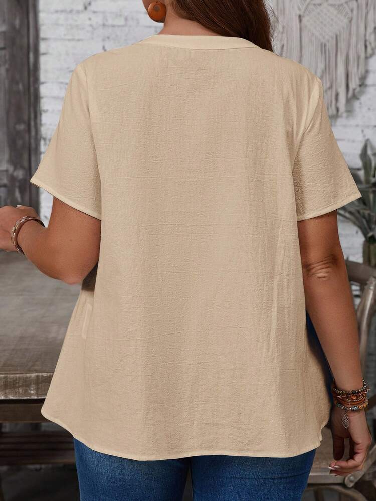 Plus Size Women Vacation Embroidered Button Half Placket Short Sleeve Casual Shirt