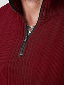 Manfinity CasualCool Men's Solid Color Zip-Up Half Placket Long Sleeve Ribbed T-Shirt, Autumn Men Zip Up Shirt Men Sweater Top Burgundy Top For Men Knitted Men Shirt Red Tops For Men Old Money,Daily Leisure, Weekend Trips, Outdoor Activities, Travel Expeditions, Relaxed Work Environments Or Semi-Formal Occasions,Boyfriend/Husband Gift, Anniversary Gift Christmas - Burgundy - View 3