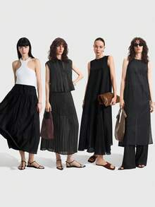 Ontre Bộ trang phục tốt nghiệp 2026SS, hàng mới về năm 2025, quần áo nữ mùa hè, trang phục nữ, áo dài không tay cổ tròn dáng suông, hơi xuyên thấu, cài cúc bên hông, phong cách thành thị, trang phục công sở thường ngày thời trang. - màu đen - Xem 3