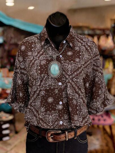 LanaWest Camicia casual da donna con maniche a pipistrello, stampa, monopetto, plissettata