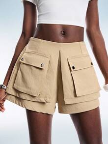 GENKIRA Khaki Casual Fashion Multi-Pocket Cargo Style Skirt Shorts - Khaki - View 3