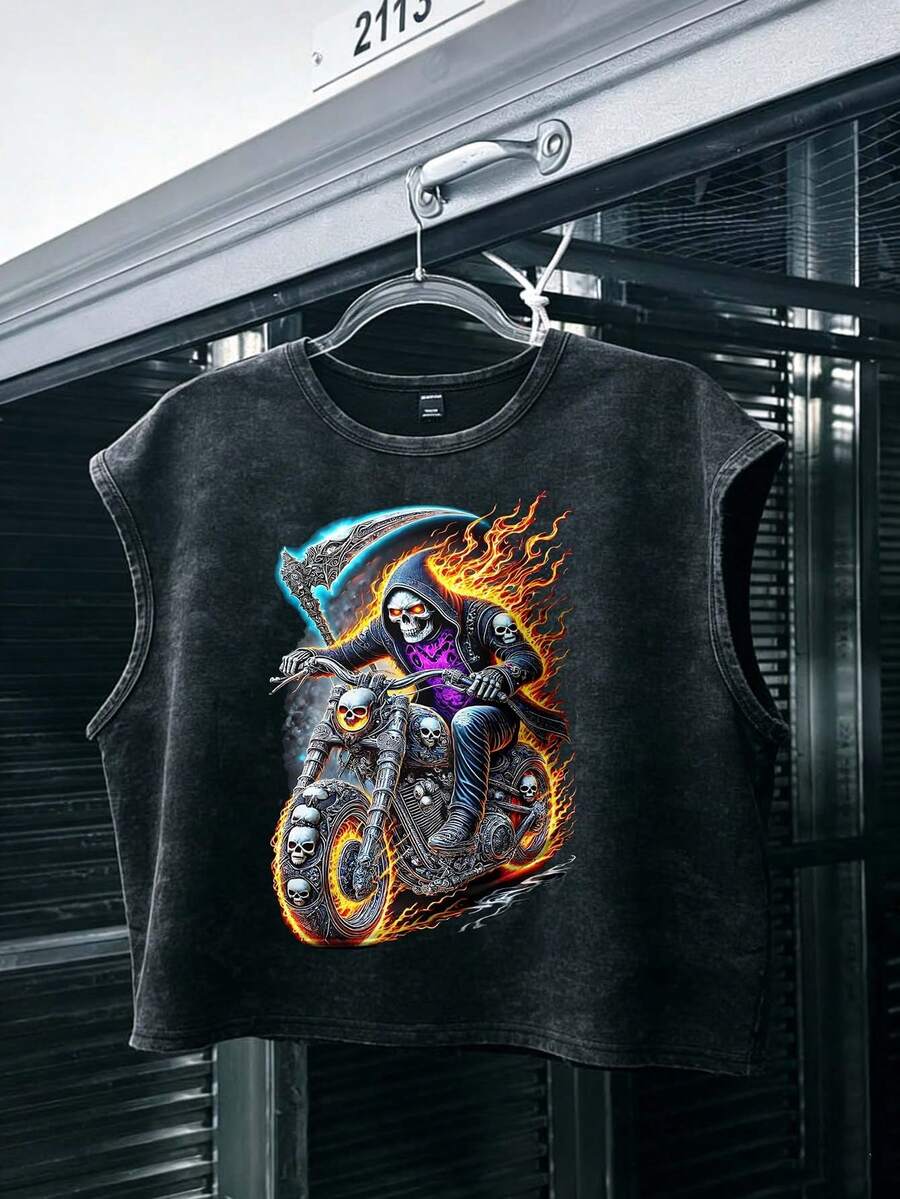 Manfinity EMRG Áo ba lỗ ngắn không tay unisex in hình đầu lâu cưỡi mô tô kiểu vintage, áo tank top phong cách punk rock bụi bặm dành cho lễ hội âm nhạc. - màu đen - Xem 1