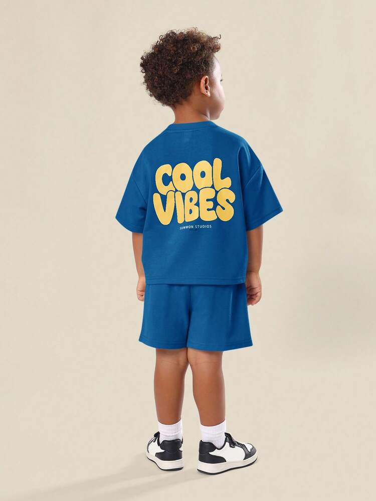 Boys Blue Cool Vibes Oversized T-Shirt And Shorts Co-Ord Set Summer Casual Outfit With Yellow Text Print