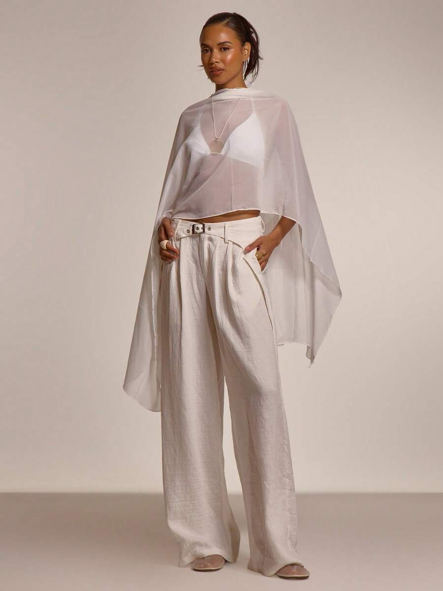 MUSERA Foldover Buckle Front Detail Low Waisted Pleated Wide Leg Trousers Cute Summer Spring Sexy Going Out Beach Holiday Vacation Honey Tides - White - View 1