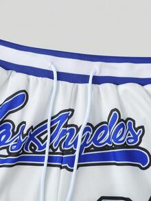 ROMWE MEN Prep Men's Letter & Stripe Print Drawstring Waist Casual Shorts, Summer - White - View 6