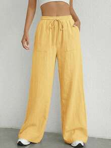 SHEIN EZwear 女士轻薄宽松休闲裤，浅黄色，春夏款 - 鵝黃色 - 查看 3