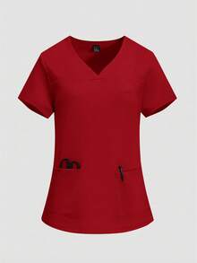 TaskEZ Solid Color V-Neck Short Sleeve Pocket Top And Pants Scrub Uniform Set - Red - View 6