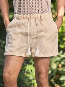Open Phase 男式休闲编织双层皱褶面料抽绳腰短裤（带腰带环） - 卡其色 - 查看 4