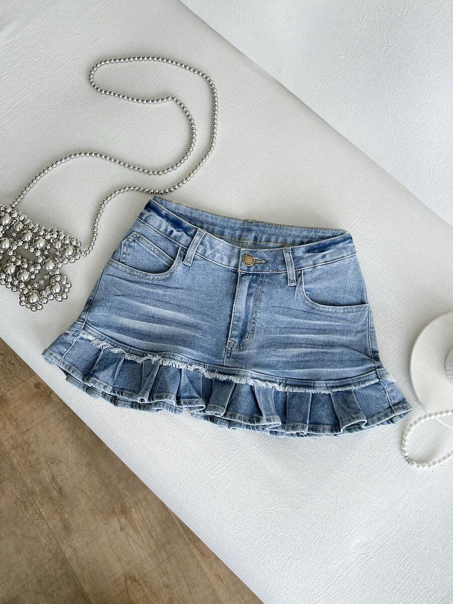 Elamini Minifalda de mezclilla plisada de talle ultra bajo - Azul - Ver 1