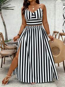 SHEIN VCAY Mother's Day Music Festival Casual Vacation Black And White Striped Camisole Top And Skirt Set, Stylish Summer Outfit, Women's Vacation Wear, Two Pieces Summer Clothing - Black and White - View 4